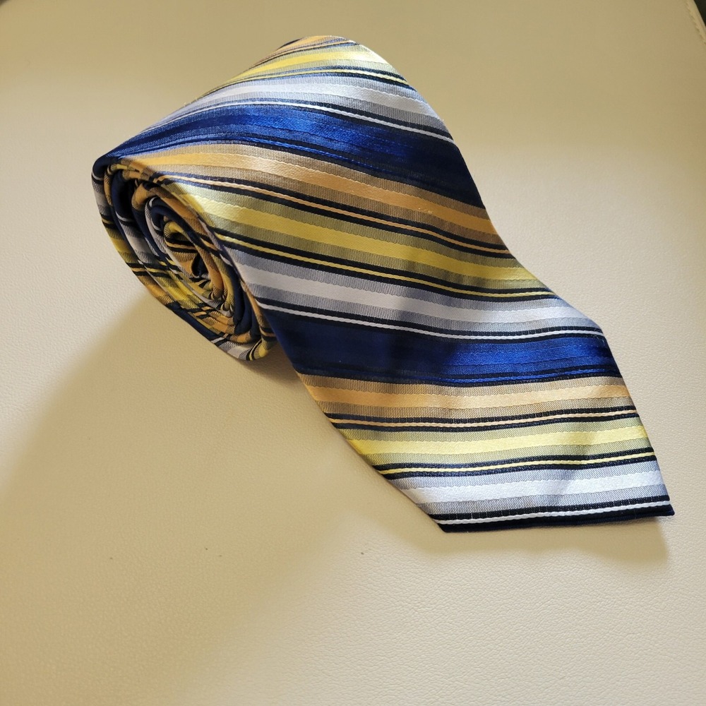 Stacy Adams Tie -  3.5 Yellow And Blue Striped Silk Necktie - Men's 64"‎ Long
